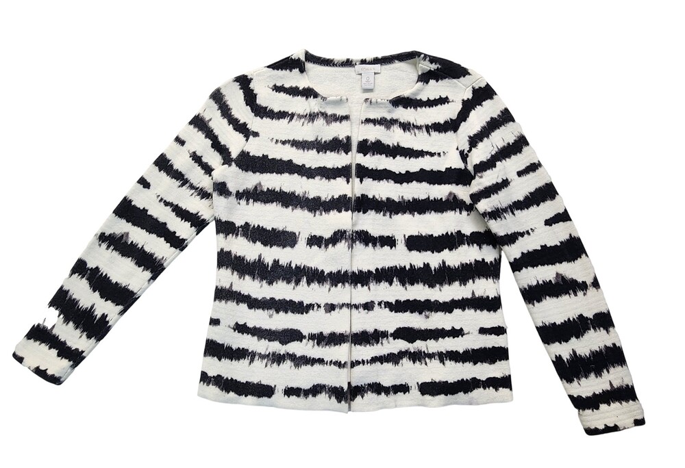 Chico's Women Cardigan Sweater Size 0 XS Black White Striped 100% Cotton #2319